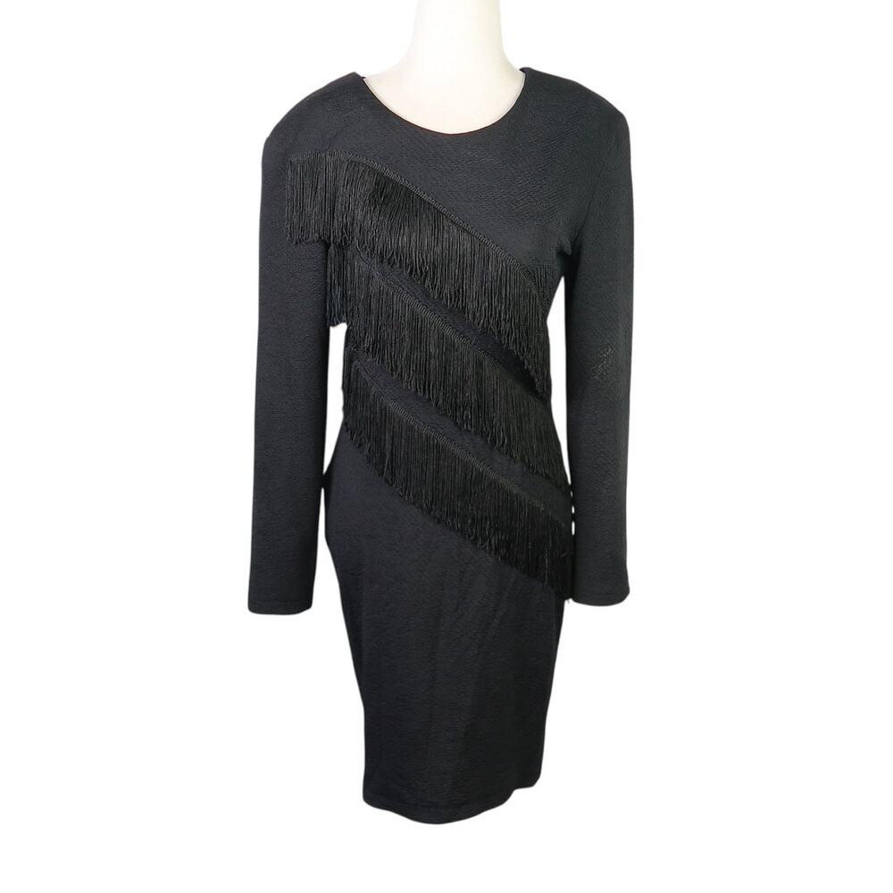 Vintage 80s Unit Black Western Fringe Trim Bodycon Knee Length Dress L